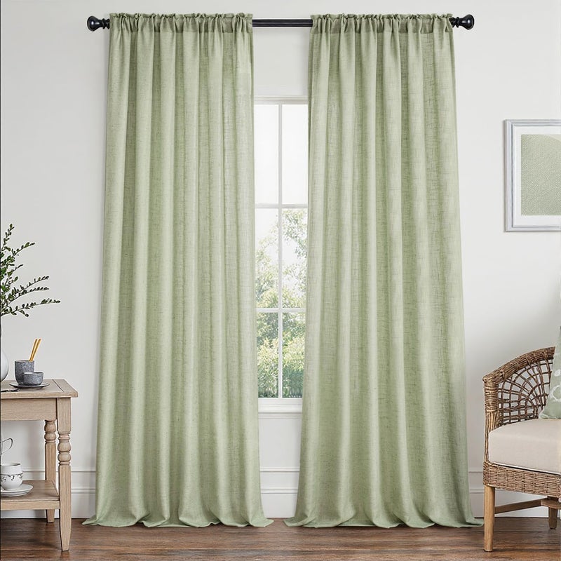 MIULEE Sage Green Linen Curtains 90 Inch Length 2 Panels Set for Living Room Bedroom Semi Sheer Light Filtering Farmhouse Rod Pocket Long Soft Thick Linen Textured Window Drapes W42XL90 - Image 1